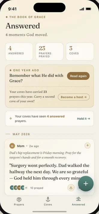 Answered screen showing the Book of Grace with 23 prayers carried and 4 answered
