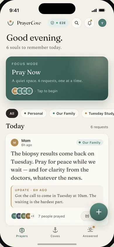 PrayerCove home screen: “Good evening. 6 souls to remember today”, with a Pray Now focus-mode card and today’s prayer requests